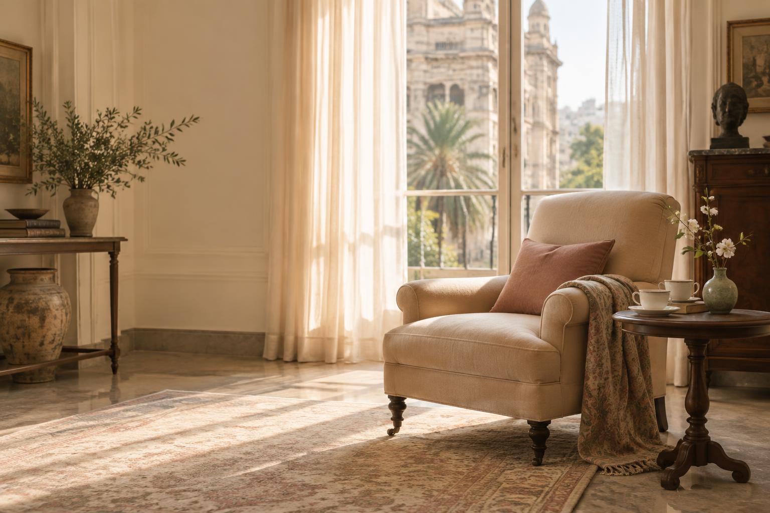 Sunlit armchair beside a window with tea waiting on the side table